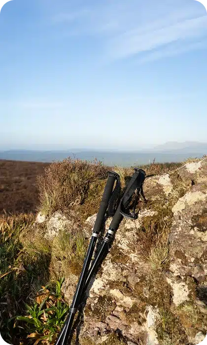 A pair of black trekking poles rest against a mossy rock on a hillside, with expansive, hazy mountains and a blue sky in the background.