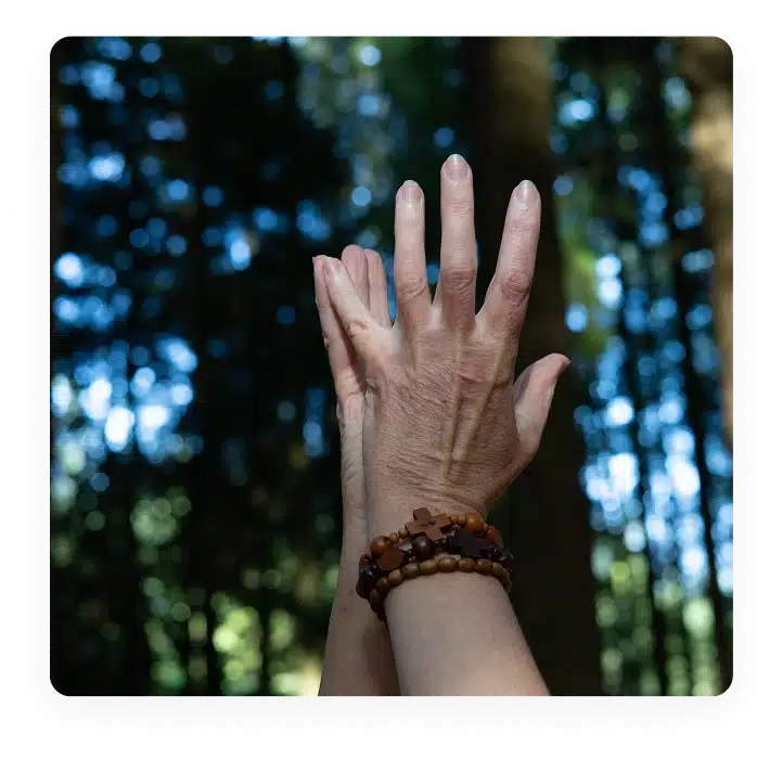 Two hands are raised upward against a blurred background of tall trees and sunlight. The person is wearing wooden bead bracelets with a cross, suggesting a spiritual or meditative moment in a forest setting.
