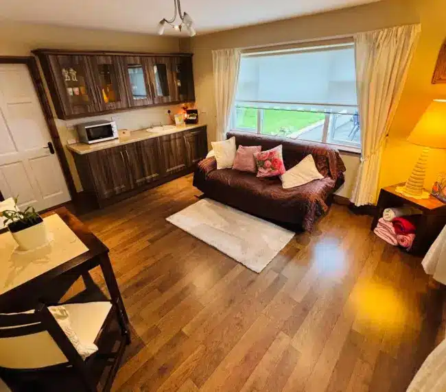 A cosy living area with wooden floors, a brown sofa with cushions, a white rug, a kitchen counter with cupboards, a dining table with chairs, a lamp, and a large window with cream curtains overlooking a green lawn.