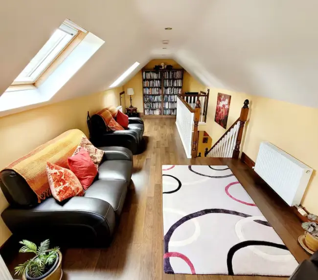 A cosy attic living space with sloped ceilings, skylights, dark wood floors, two black sofas with colourful cushions, a modern rug, potted plant, and a bookcase at the far end.